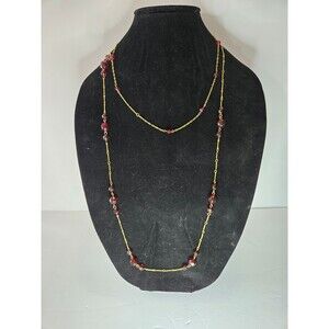 Gold Tone Necklace Double Strand with Dark Red Beads Lobster Claw Clasp